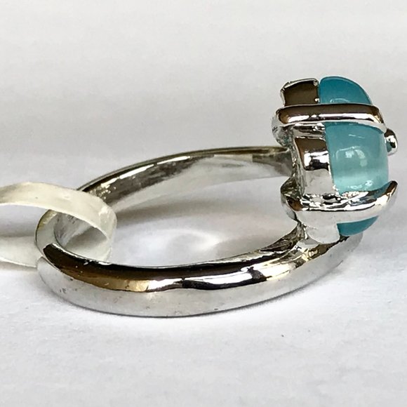 Vintage Aqua Blue Cats Eye Stone Flower Ring Size 7 Wrap Retro Silver Plated - Picture 6 of 11